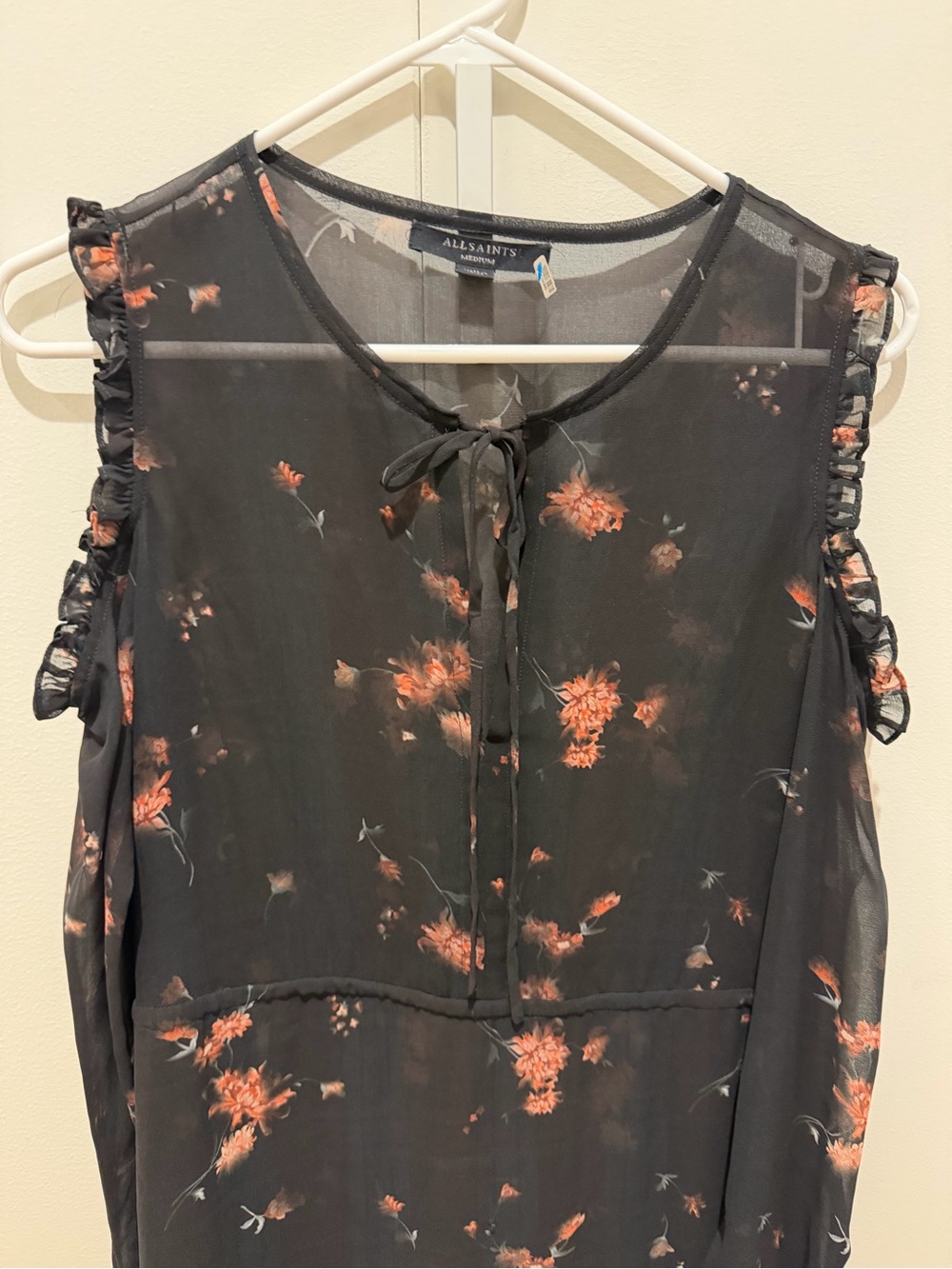 AllSaints Black Floral Long-Sleeve Cold-Shoulder Midi Dress